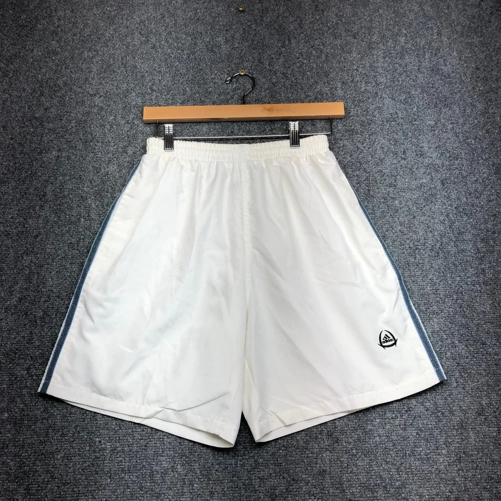Adidas Vintage Mens XXL White Blue Stripe Athletic Gym Shorts Mesh Lined